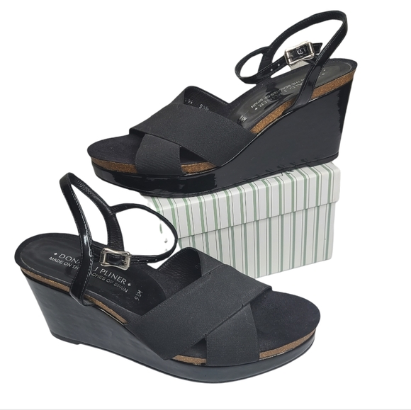 Donald J Pliner Bente Black Patent Ankle Strap Wedge Sandals Shoes 9.5 - Picture 3 of 16